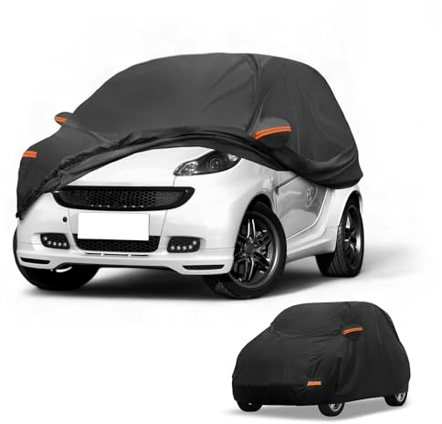 Partuto wasserdichte Autoabdeckung Für Smart Fortwo 1 STK. | Schwarz, 190T-PU, 280x167x145cm, UV-Schutz, Regenschutz, Reflektierende Streifen, Reißverschluss Zugang, Elastisches Seil