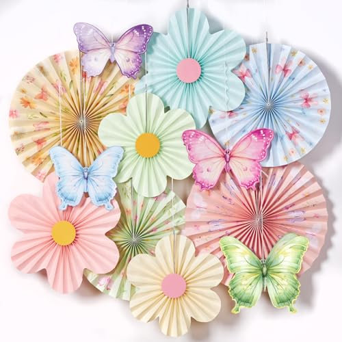SUNBEAUTY Spring Pastel Butterfly Paper Fans Rainbow Themed Garden Party Decorations Hanging Paper Flower Decor Pastel Floral Party Backdrop for Boho Weddings Birthday Summer Garden Kids’ Parties