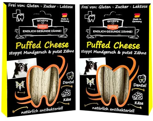QCHEFS 2X Puffed Cheese Zahnstein Hunde Leckerli Zahnreinigung Hunde Pflege | Zahnpflege Hunde als vegetarisch-getreidefreie Kaustangen, nach dem Hundefutter und antibakterieller Mundgeruchentferner