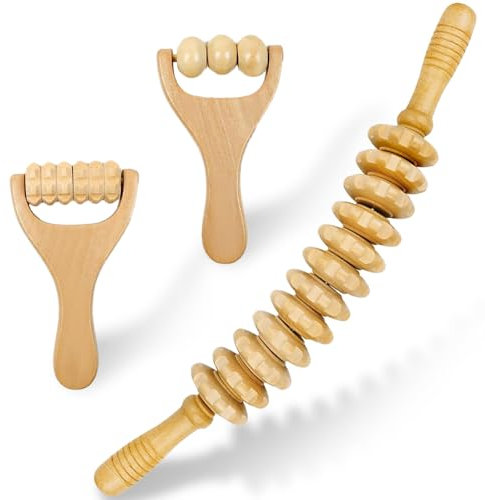 Uoimky 3 Stück Faszienrolle Holz, Massageroller Holz mit Griff Faszienstab Set Anti Cellulite Massagegerät maderotherapie für Rücken, Beine, Nacken, Cellulite Muskelentspannung