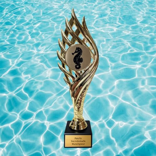 eberin – Seepferdchen Pokal Trophäe Award – Perfekte Auszeichnung für Frühschwimmer, Anfänger und Schwimmabzeichen – Pokal in 3 Farben wahlweise mit Gravur
