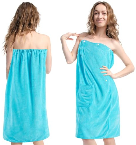 Zouway Serviette de Bain Femme, Sauna Kilt Femme, Réglable avec Boutons-Pression, Serviette en Microfibre 400 G/M² avec Poches et Bande élastique, Convient pour Sauna, Bain, Piscine, Plage, 90x145cm