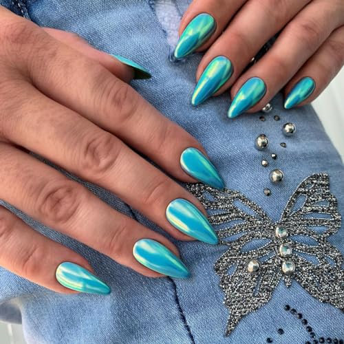 KQueenest Chrome Teal Blue Press on Nails Almond Medium Glitter Metallic False Nails Medium, Luxury Design Acrylic Fake Nails Set with Bling Mirror Effect Stick on Nail for Women 24 Pcs