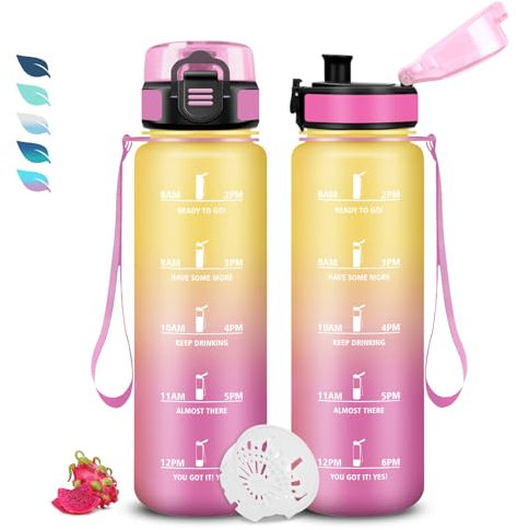 Bouteille, Gourde 1l, Gourde Sport avec Filtre, Gourde Graduée pour 1 Journee, Gourde Motivation avec Slogan de Motivation, Facile à Nettoyer, Gourde Adulte pour Running, Voyage, École, Extérieur