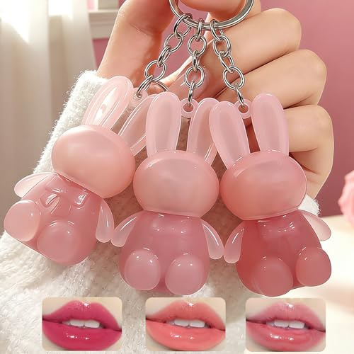 Rabbit Lipstick set,3 Colors Velvet Matte Liquid Lipstick, Cute Rabbit Lip Gloss Lip Stain, Long Lasting Waterproof Non-Stick Cup Key Chain Lip Glaze for Girls