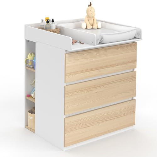 IDMarket - Commode à Langer évolutive Ambre façon hêtre et Blanc 3 tiroirs Table à Langer et 2 étagères Amovibles