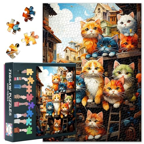 Animals Jigsaw Puzzles for Adults 1000 Pieces, Group of Cats Sitting on Top of Wooden Shelf Puzzle, Impossible Challenging Difficult Jigsaw Puzzles for Adults, 19.5 x 27.5 Inch