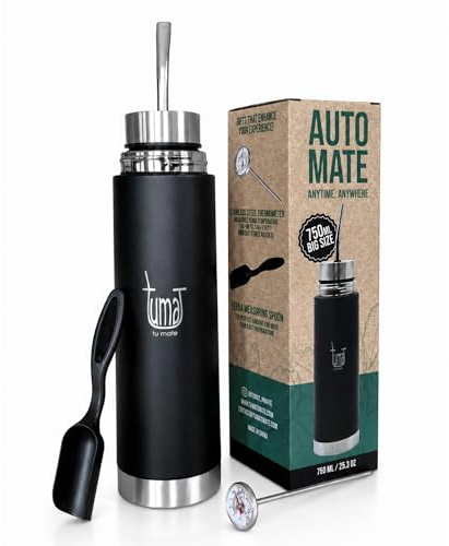 Mate Listo Automate – Auto Mate Isolierflasche mit Ausgießer, Fluvion Selbstbedienungssystem für Yerba Mate, Zwei Geschenke, 750 ml Edelstahl, Argentinian Mate Automatik-Set