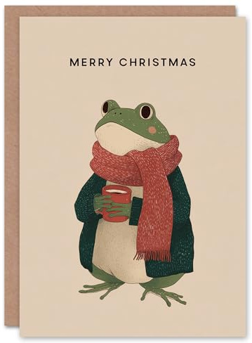 Artery8 Christmas Card Frog With Scarf Cardigan and Cup of Hot Chocolate