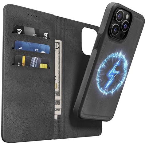OASISBLUE Handyhülle für iPhone 14 Pro Hülle, [2-in-1 Magnetisch Abnehmbar] Kabelloses Laden Kompatibel Stoßfest Schutzhülle PU Leder Klapphülle - schwarz