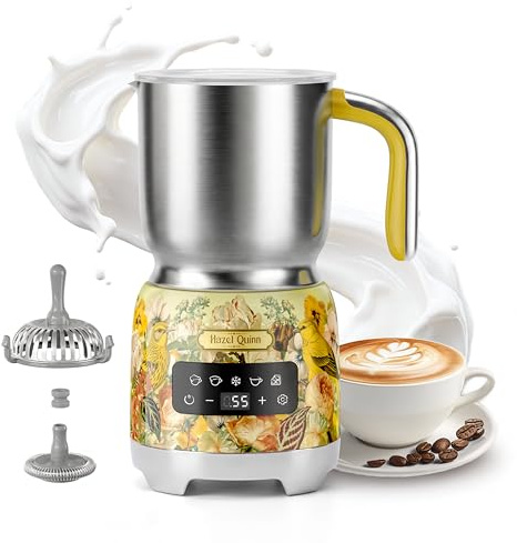 Hazel Quinn 5-in-1 Electric Milk Frother & Steamer, 400ML - Floral Printed | Hot & Cold Foam, LED Touch Control, Adjustable Temperature, Detachable Dishwasher Safe, Hot Chocolate Maker, Milk Warmer