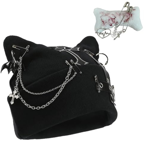 Schwarze Strickmütze, Mütze Mit Ohren, Katzenohren Mütze Im Goth-Stil, Y2K Beanie Für Damen, Emo Clothes, Streetwear Accessoire Für Alternative Outfits