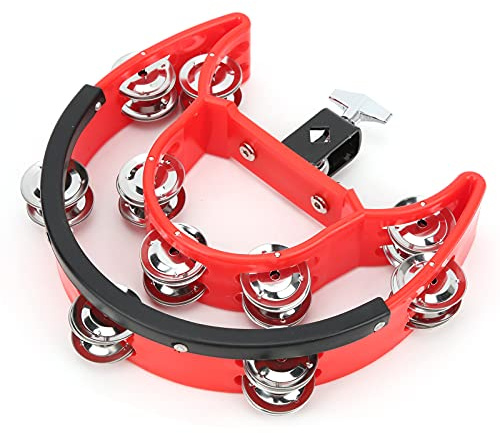 Pandereta de media luna con cascabeles de metal en doble, instrumento de percusión portátil de ABS para uso en batería, soporte para platillos o hi-hat. (Roja)