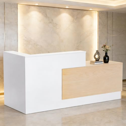 Gaonala L-förmiger Empfangstisch mit Tastaturschublade, Empfangstheke, Empfangstresen mit Schublade und offenen Regalen, Moderne Rezeptionstisch aus Holz Rezeptionstheke für Büro, 180X107X104CM