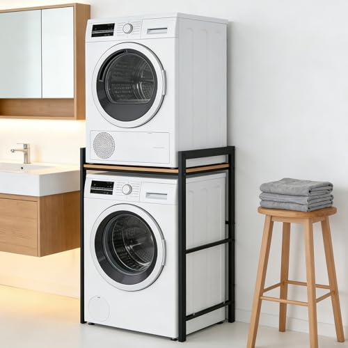 Cozykimo Torre Lavadora Secadora, Kit de Apilado, Estanteria, Mueble para Lavadora y Secadora, Soporte, Ajustable en Altura de 3 Niveles, 350 Kg de Carga Black