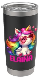 Elaine - Nombre personalizado colorido unicornio Vaso térmico de acero inoxidable de doble pared