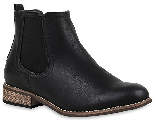 stiefelparadies Damen Stiefeletten Chelsea Boots Gefütterte Ankle Booties Leder-Optik Schuhe Klassisch 121387 Schwarz Braun Agueda 39 Flandell
