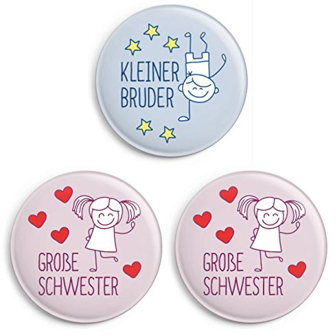 dabelino | Button-Set (Ø 32mm): 1x Kleiner Bruder/ 2X Große Schwester (Anstecker/Pin)