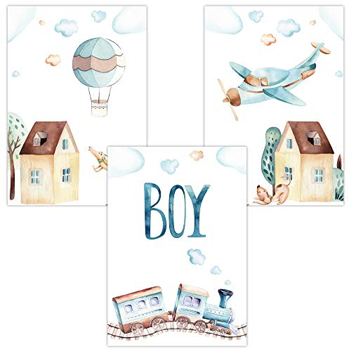 Olgs Kinderzimmer Bilder Poster 3er Set | Tiere Bilder Wandbilder Junge | Deko Wandposter für Babyzimmer DIN A4 Premium | Boy Heißluftballon Zug Flugzeug Wolken