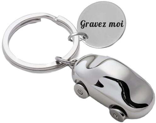 Porte-clés Forme De Voiture Automobile Argenté Gravure Personnalisée Sur Médaille Bijou Homme