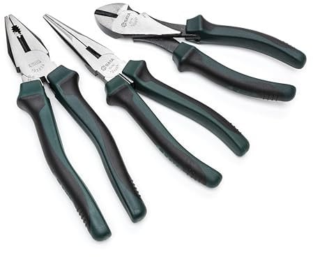 SATA ST70002U 3-Piece Pliers Set (8 Universal, 8 Long-Nose & 7 Diagonal), with Green Handles & Durable Nickel-Chrome Steel Bodies