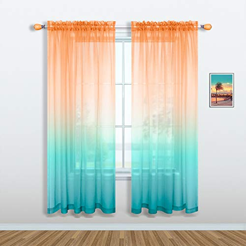 Vorhänge in Orange und Grün, 150 cm Länge, für Schlafzimmer, Dekoration, 1 Paneel, Fenster, durchsichtig, halbtransparent, Meerestürkis, Ombré-Sonnenuntergang, Kinderzimmer, 132 x 163 cm lang