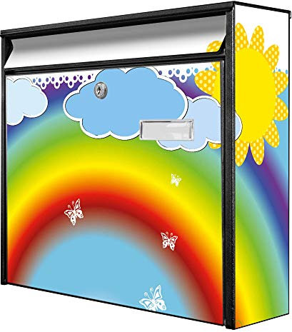 banjado® Burg-Wächter® Briefkasten mit Motiv Regenbogen/Briefkasten ohne Zeitungsfach 32x36x10 cm groß/Briefkasten mit Namensschild A4 Einwurf inkl. Montagematerial & 2 Schlüsseln