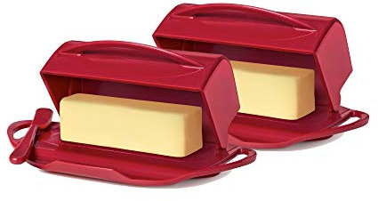 Butterie Flip-Top Butter Dish with Lid & Matching Knife, 2-pack, No-Mess, Holds 2 Sticks/Kerrygold Butter, Shatterproof, Dishwasher Safe, Red