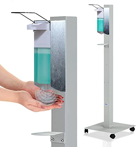 KRIEG Desinfektionsmittelständer mit Auffangteller stehend I Silber I Hygienestation freistehend & mobil I Hygienesäule mit Desinfektionsmittel I 1000 ml - 333 Sprühstöße I Ready to go