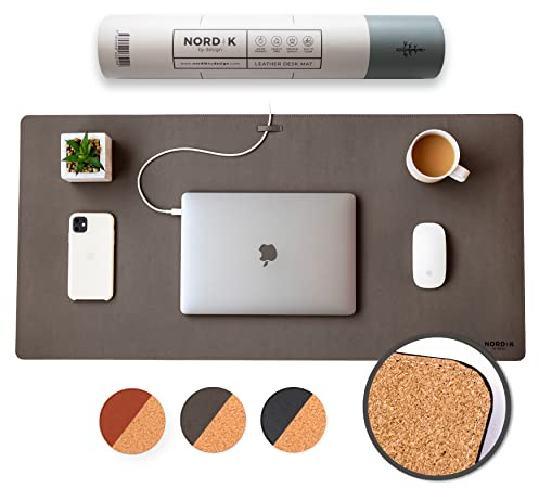 Nordik Kork Leder Schreibtischunterlage Kabelorganizer (Gunmetal Grey 89 x 43 cm) Premium Extended Mauspad für Home Office Zubehör - Rutschfestes veganes Leder Schreibtischunterlage Protector