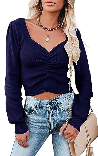 PRETTYGARDEN Fall Long Sleeve Cropped Sweaters for Women 2024 Off The Shoulder V Neck Ruched Ribbed Knit Going Out Tops, Bright Blue, XL