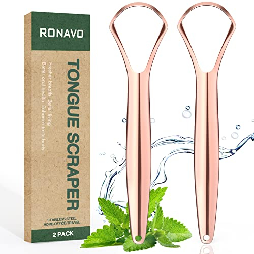 RONAVO Tongue Scraper for Adults(2 Pack) with Travel Case, Cure Bad Breath (Medical Grade), Stainless Steel Tongue Cleaners, Metal Tongue Scrapers Fresher Breath in Seconds