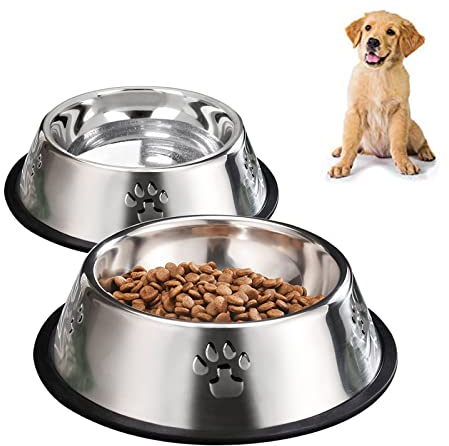 YUDANSI 2PC Paw Prints Stainless Steel Dog Bowls, 350ml Dog Feeding Bowls, Cat Plate Bowls with Rubber Bases, Small, Medium and Large Pet Feeder Bowls and Water Bowls