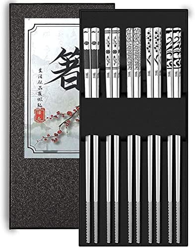 Chopsticks Reusable Metal Chopsticks - 316 Stainless Steel Chopsticks Dishwasher Safe with Laser Engraved Patterns Non-Slip Chop Sticks Pack for Japanese Korean Cooking Eating Training (5 Pairs)