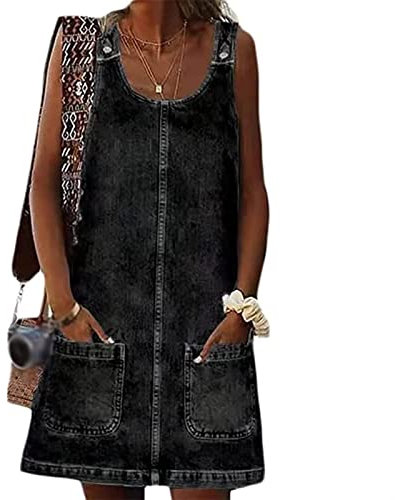 Sawmew Salopette Gonna Donna Corti Vestito Salopette di Jeans Senza Maniche Denim Vestito Overall Tuta Taglie Forti con Bretelle E Tasche (Color : Black, Size : XXL)