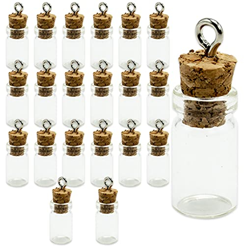 20 Mini Botellas De Cristal 10 x 28mm/0,5ml con Corcho Botes Cristal Pequeños, Frascos De Vidrio Tapon Corcho, Set Botellas Deseo con Colgante Metal (20 Pcs)