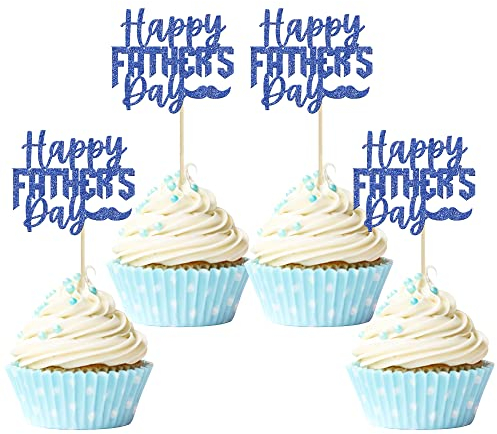 24Pcs Happy Father's Day Cupcake Toppers Blue Glitter Best Dad Super Dad Cupcake Picks for Happy Father's Day Theme Party Cake Decorations Supplies