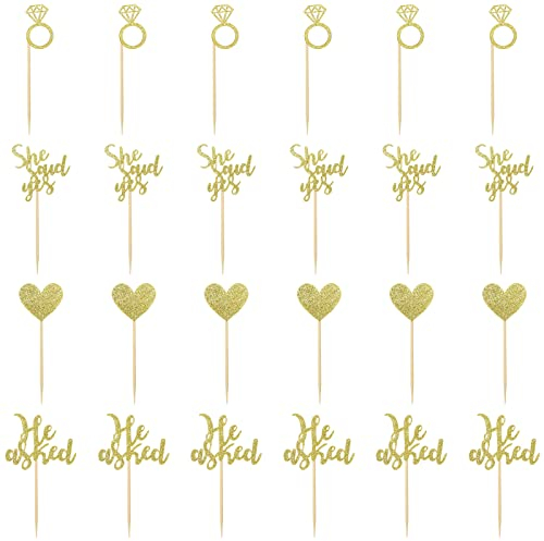 24 Pcs Gold Glitter Wedding Cupcake Toppers He Asked She Said Yes Cupcake Toppers Heart Diamond Ring Wedding Engagement Cupcake Picks Bridal Shower Party Cake Decorations