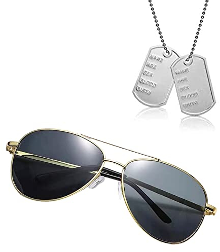 Flieger Verkleidung Accessoires Flieger Captain Kostüm Set Sonnenbrille Fliegerbrille und Erkennungsmarke Kette Hundemarke Dog Tag Anhänger für Damen Herren Erwachsene Karneval Halloween Cosplay