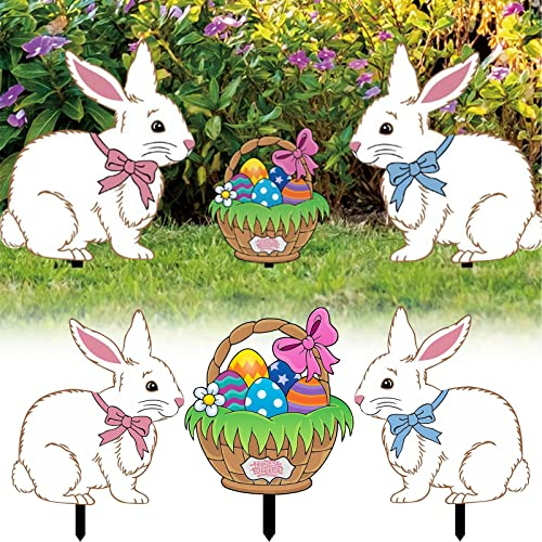Gartenstecker Osterhasen mit Ostereier Osterdeko Große Hasen Dekofiguren Gartenstecker Vintage Ostern Gartendeko für draußen und drinnen Gartendeko Frühling, Deko Ostern Hase außen innen (D, One Size)