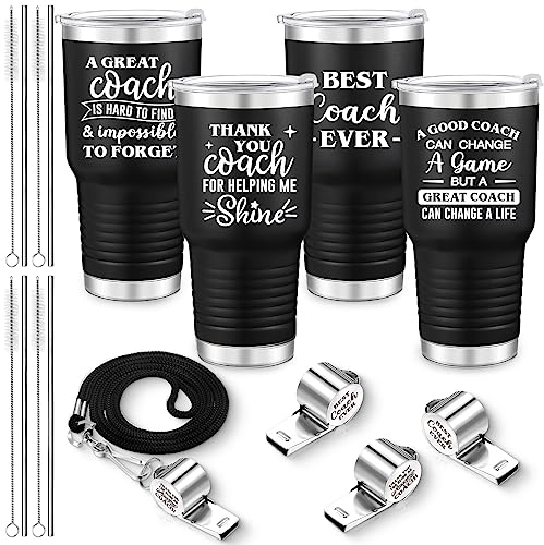 Yaomiao 8 Stück Coach Geschenk Trainer Becher und Pfeifen 850 ml Best Coach Edelstahl Reisebecher mit Deckel Strohhalm und Bürste Trainer Wertschätzung Geschenk für Männer Frauen Volleyball Basketball
