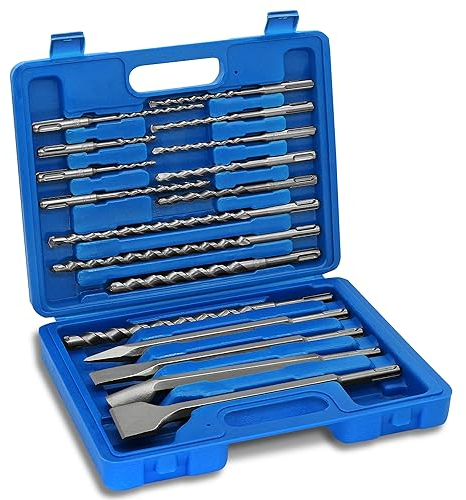 GMTOOLS 17PCS Rotary Hammer Drill Bits and Chisel Set, SDS Plus Carbide-Tipped Concrete Masonry Hole Tool Drill Bits and Chisels Set for Concrete, Stone, Brick, with Portable Storage Case