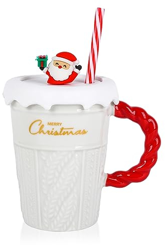 Christmas Coffee Mug 400ml Christmas Ceramic Coffee Cup Tea Cup Milk Cup with Lid and Straw, Cute Xmas Couple Cup for Birthday Christmas Girls Boys Gifts (White)