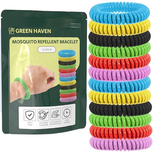 Green Haven Mosquito Repellent Bracelet 12 Pack - Deet-Free Natural Insect Mosquito Bands, Waterproof, Non-Toxic, Long-Lasting Protection for Adults, Kids & Babies, Outdoor Travel Camping Essentials