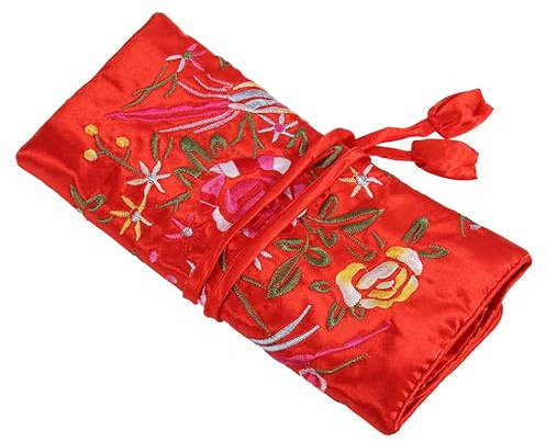 Amosfun Bestickte Schmuckrolle Weihnachten Feier aus Seide Satin, Rot | Handgefertigt, eine Große Tasche und Drei Reißverschlussfächer, für Reisen und Tägliche Ordnung