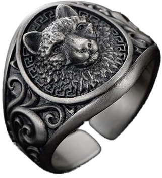 Mnyixsi Vintage 925 Sterling Silber Wolfskopf Offener Ring für Männer, Klassischer Wikinger Nordischer Wolf Kopf Totem-Ring, handgeschnitzter Tierschmuck, Geschenk für Geburtstag, Mottoparty,