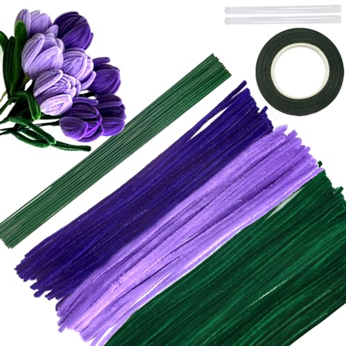 TOAOB 200 Stück 3 Farben Pfeifenputzer Bunt Set mit Blumendraht und Blumenband Chenille Stems Pipecleaners für Tulpenstrauß Bastelprojekte und Dekorationen