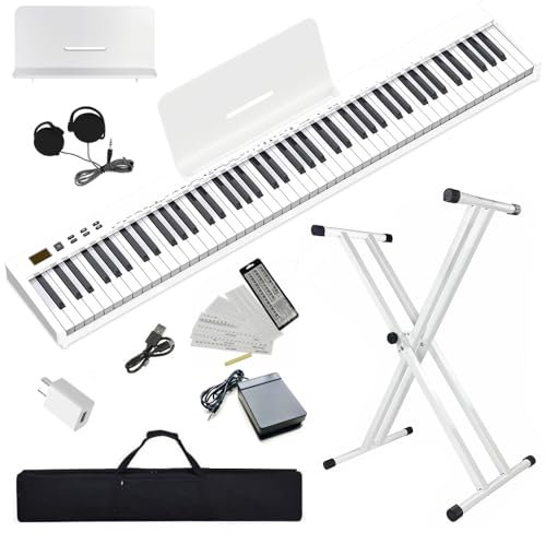NikoMaku Piano Keyboard 88 Keys Semi Weighted Compact Portable Digital Piano Set for Beignners with Stand, Headphones, Sustain Pedal, Music Rest, Carrying Case, SWAN-S White