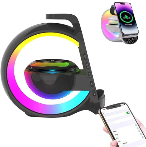 Orgrul LED Wireless Charger Atmosphere Lamp with Blueto-oth Speaker,a Shape Light Up Wireless Speaker Intelligent LED Table Lamp, LED Wireless Charging Speaker, Dimmable Wireless Charger Lamp (Black)