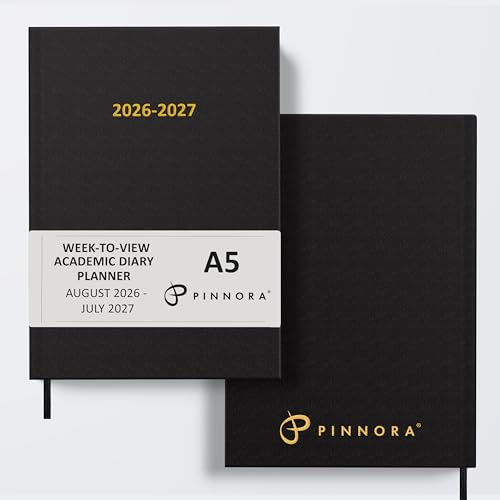 Pinnora A5 Black Academic Diary 2026-2027 Week to View, Hard Cover, August - July Dated Academic Planner, Ideal Student & Teacher Planner 2026-27, University, Revision, Study, To-Do Lists